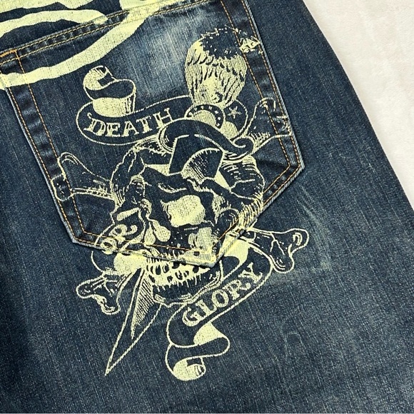 Vintage Ed Hardy Christian Audigier Biker Skull Distressed Denim Jeans Men 36x32 - Picture 4 of 9